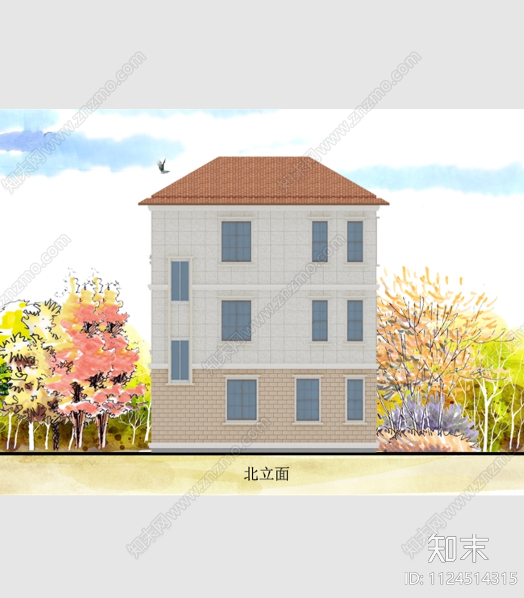 现代简约三层自建房别墅设计建筑cad施工图下载【ID:1124514315】