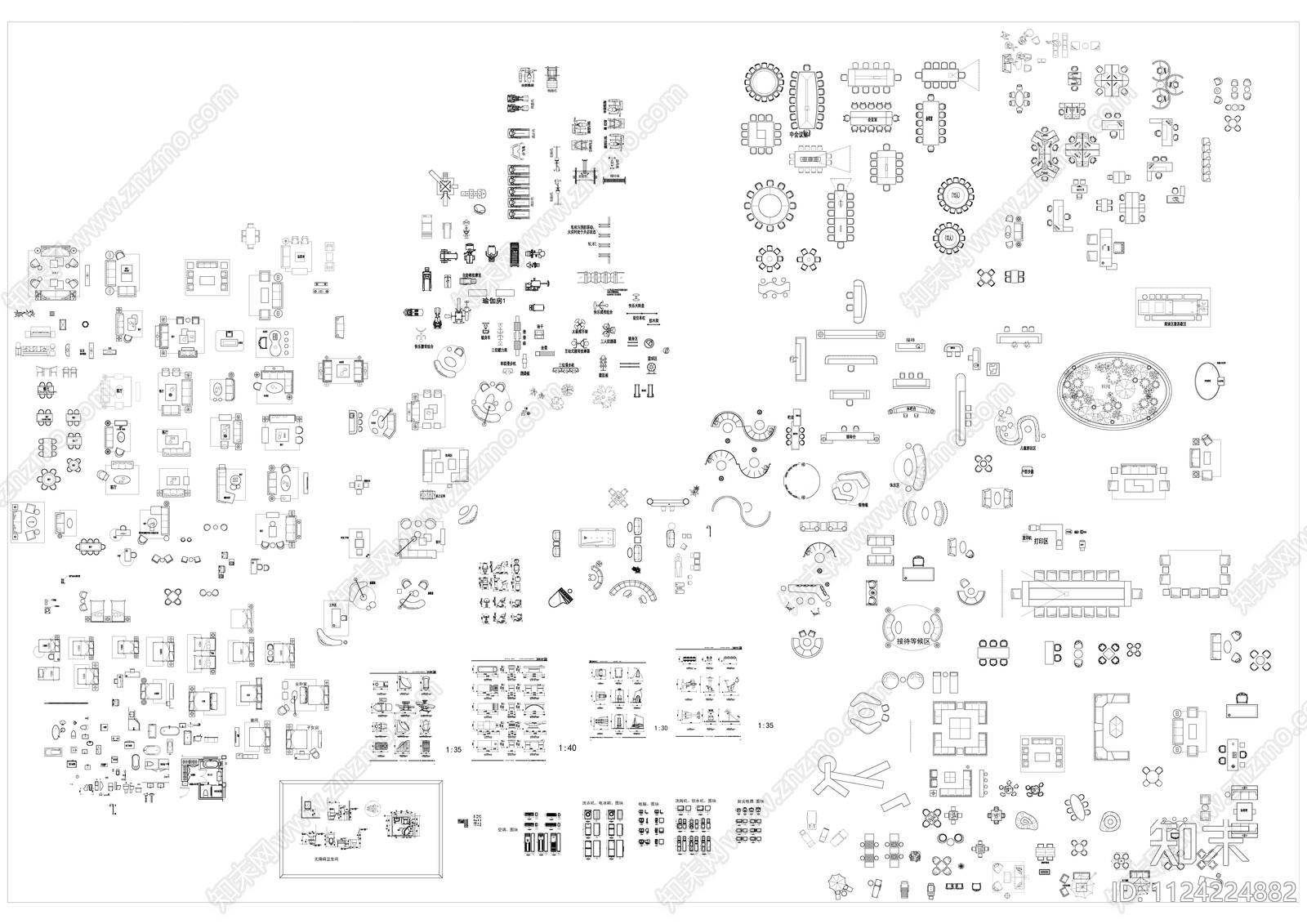 家装工装平面CAD图库施工图下载【ID:1124224882】