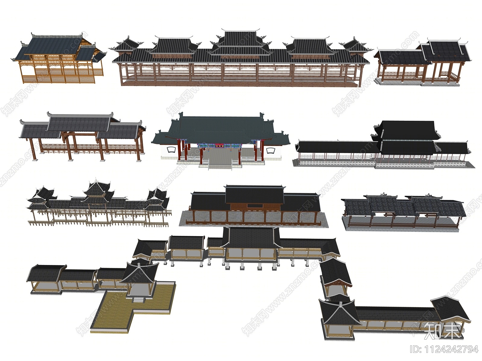 中式仿古长廊廊架木廊亭廊连廊SU模型下载【ID:1124242794】