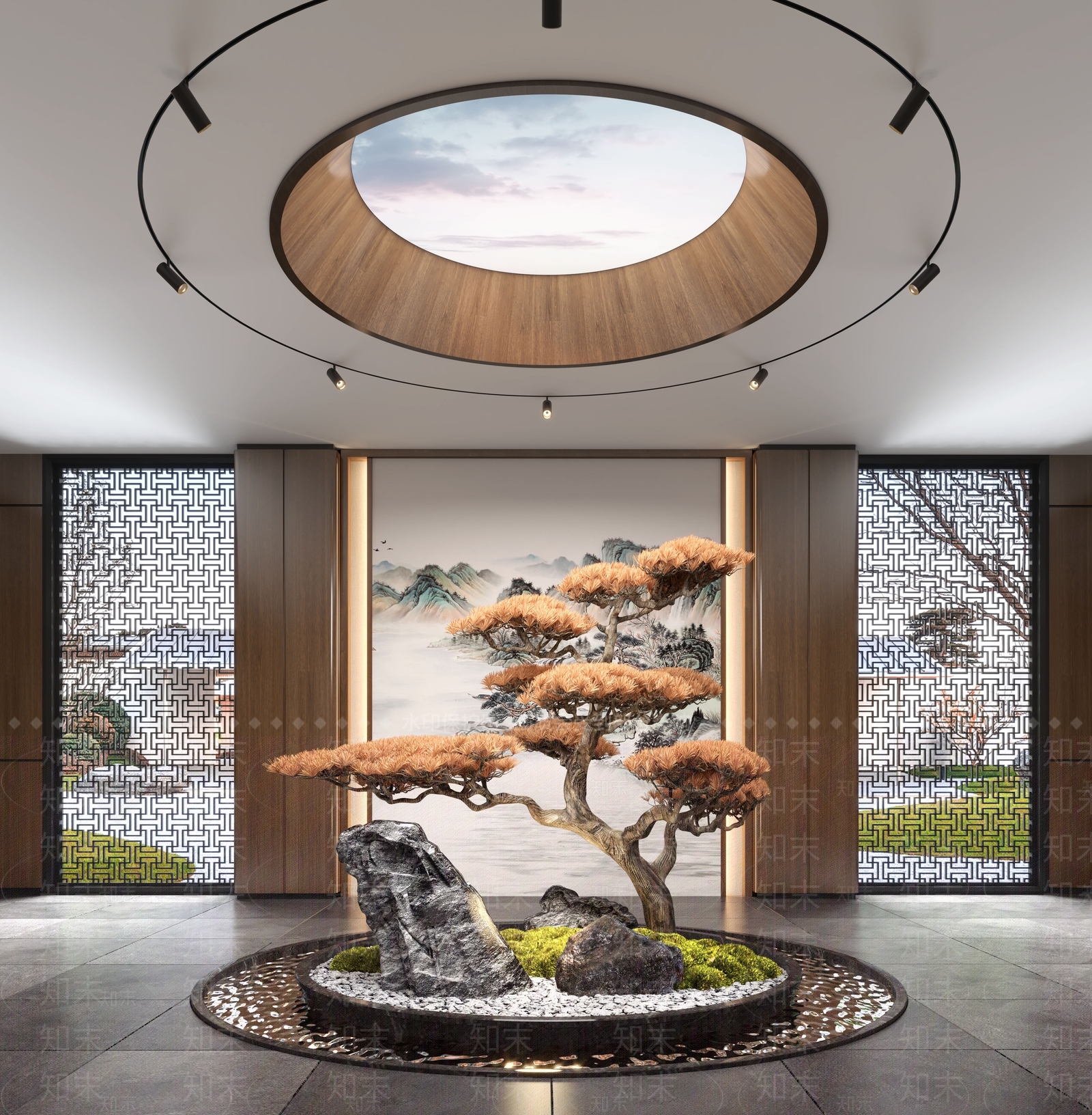 新中式大厅景观造景3D模型下载【ID:1124250662】