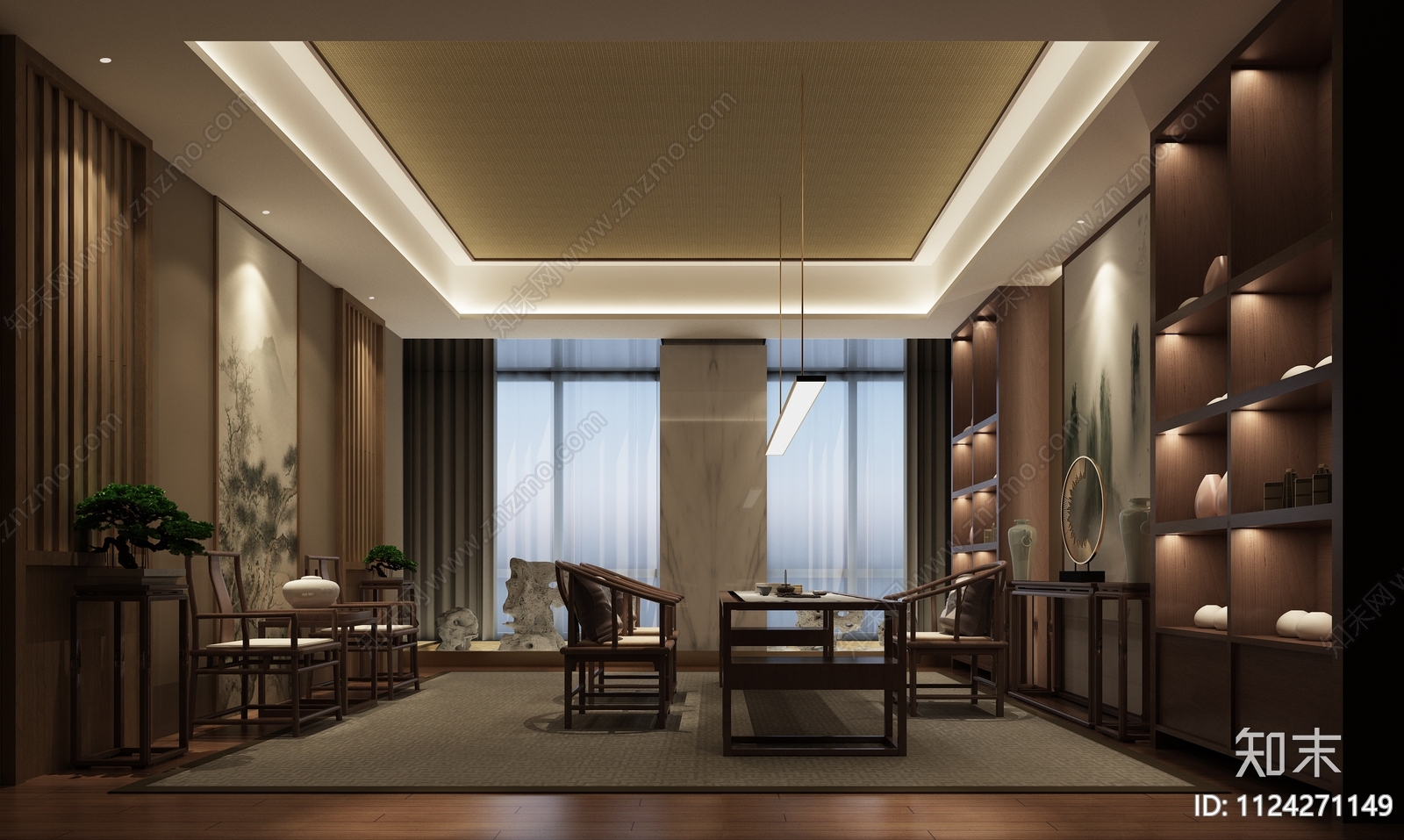 房产公司中式办公空间施工图cad施工图下载【ID:1124271149】