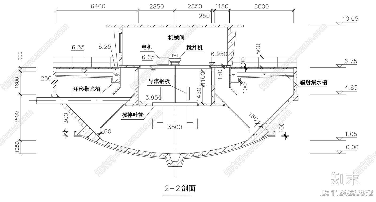 机械搅拌澄清池平面剖面三视图cad施工图下载【ID:1124285872】