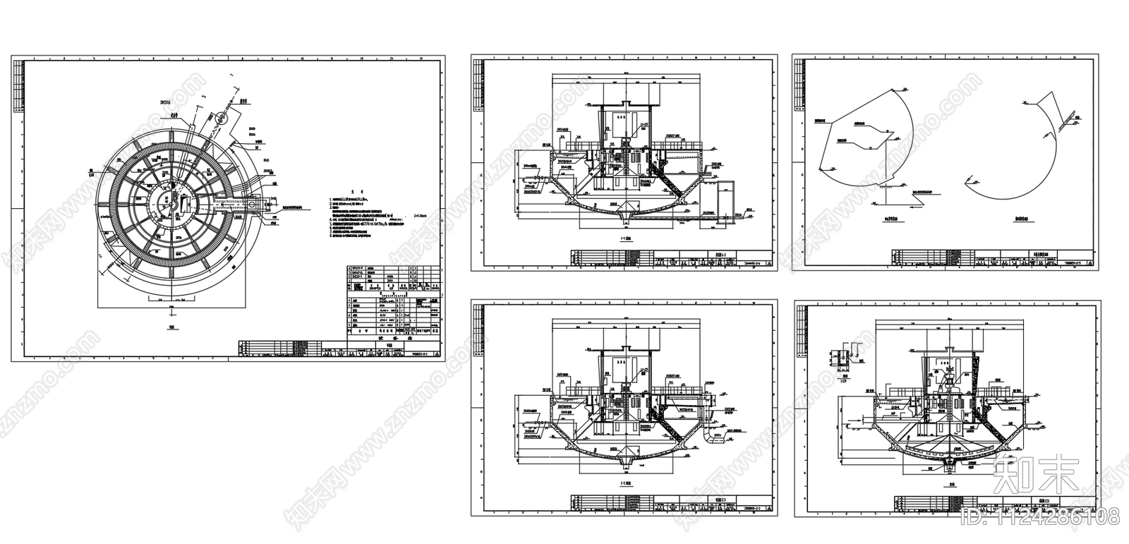 机械搅拌澄清池平剖面图三视图cad施工图下载【ID:1124286108】