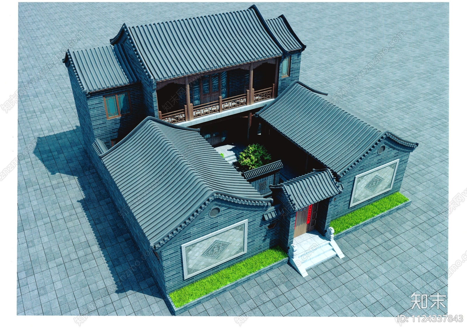 二层中式四合院建筑设计施工图下载【ID:1124337843】