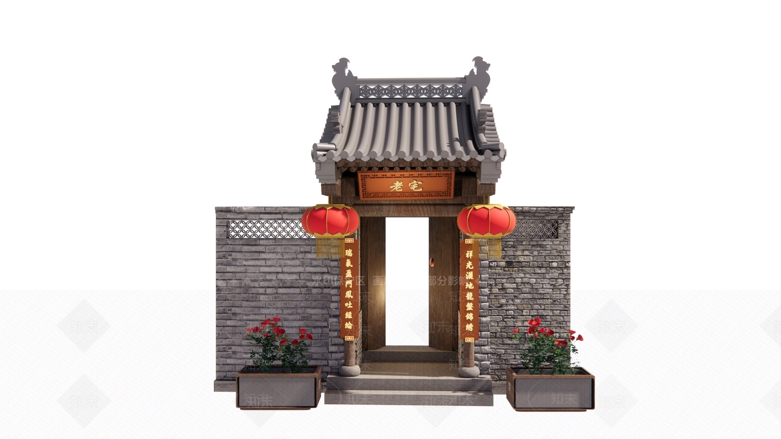 中式四合院大门SU模型下载【ID:1124354988】