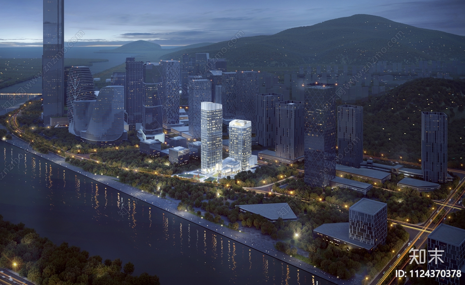 滨水夜景建筑景观鸟瞰效果图PSD免抠下载【ID:1124370378】undefined
