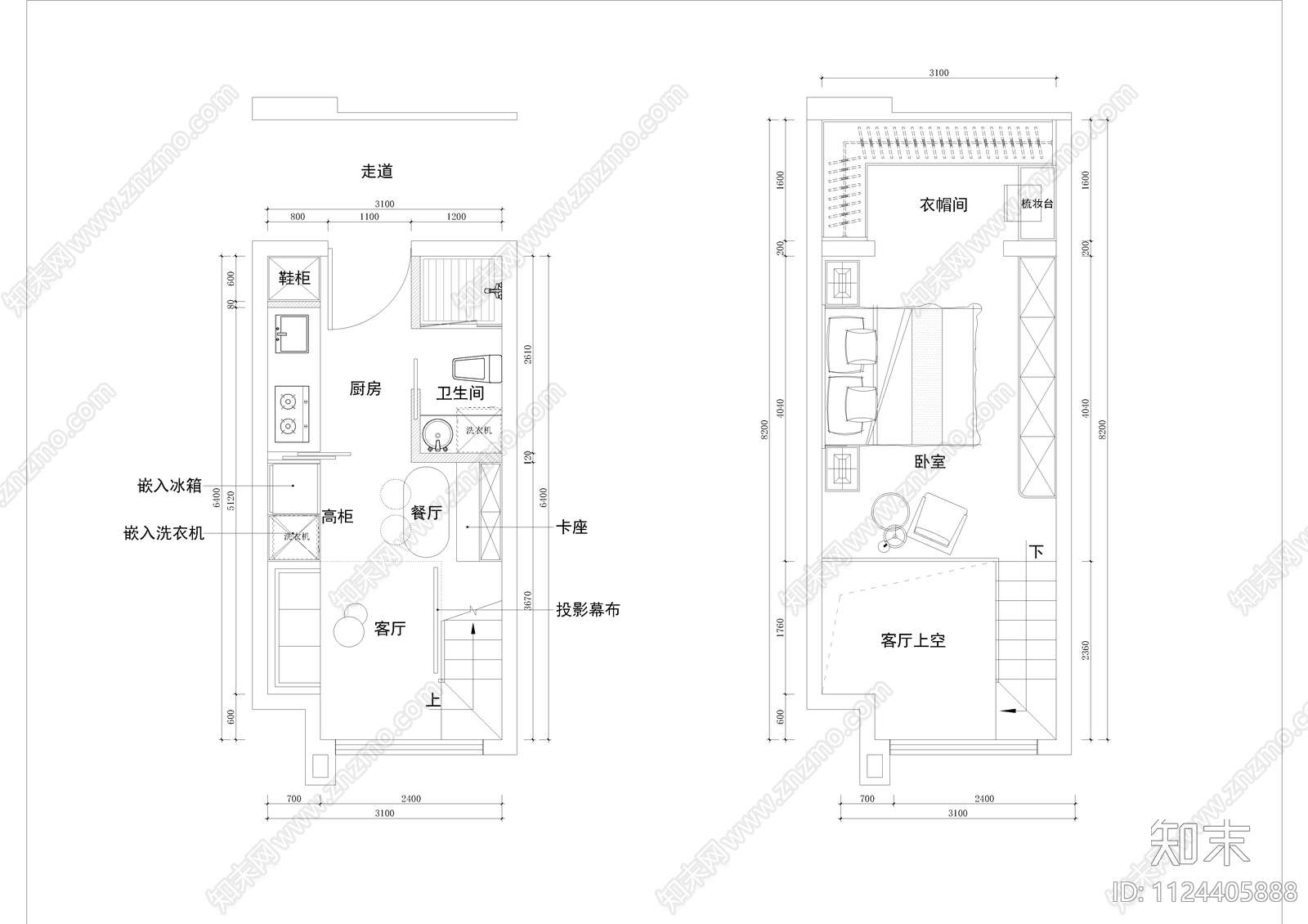 复式公寓平面方案施工图下载【ID:1124405888】