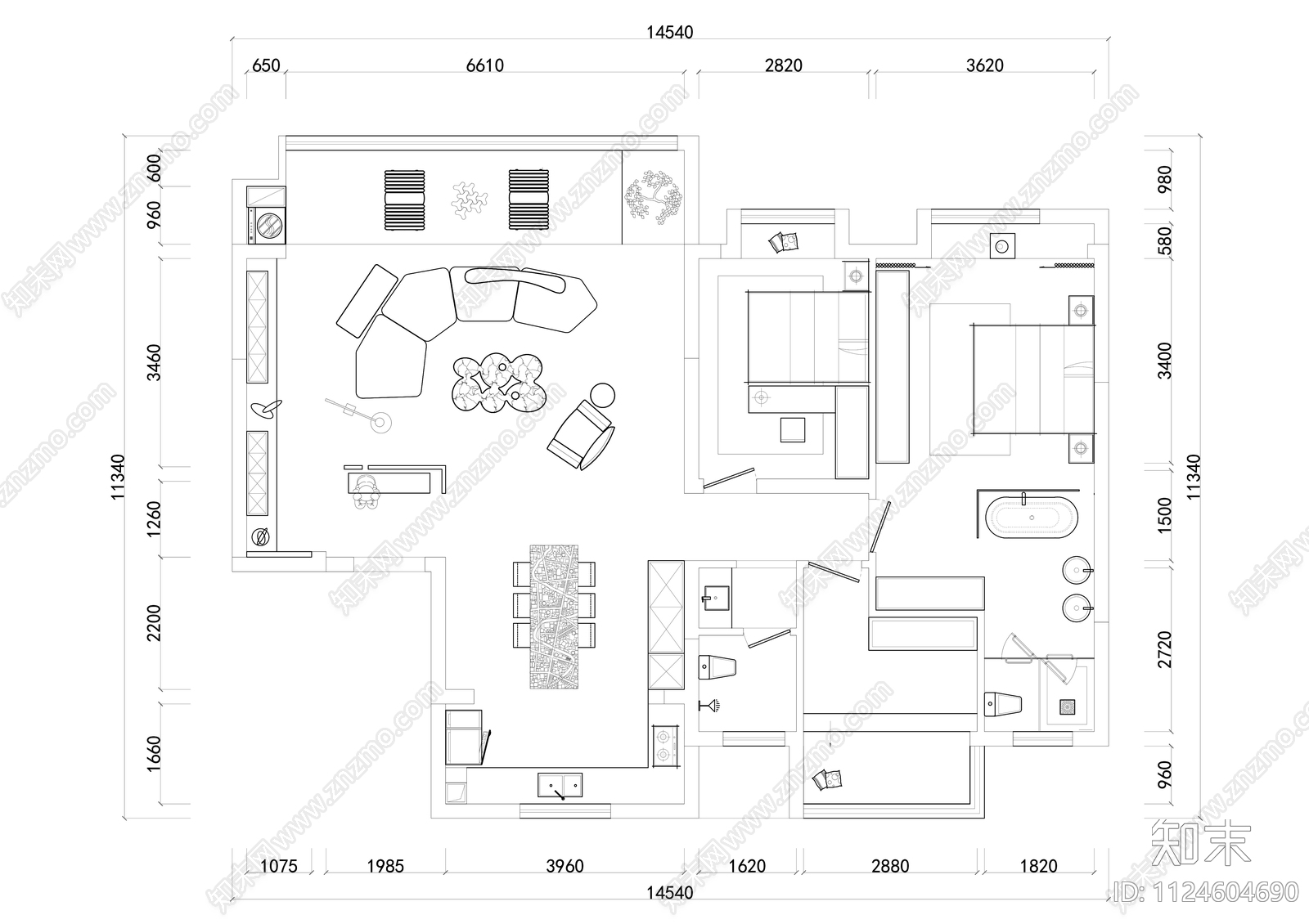 现代绿色系氛围感三居室彩平图施工图cad施工图下载【ID:1124604690】