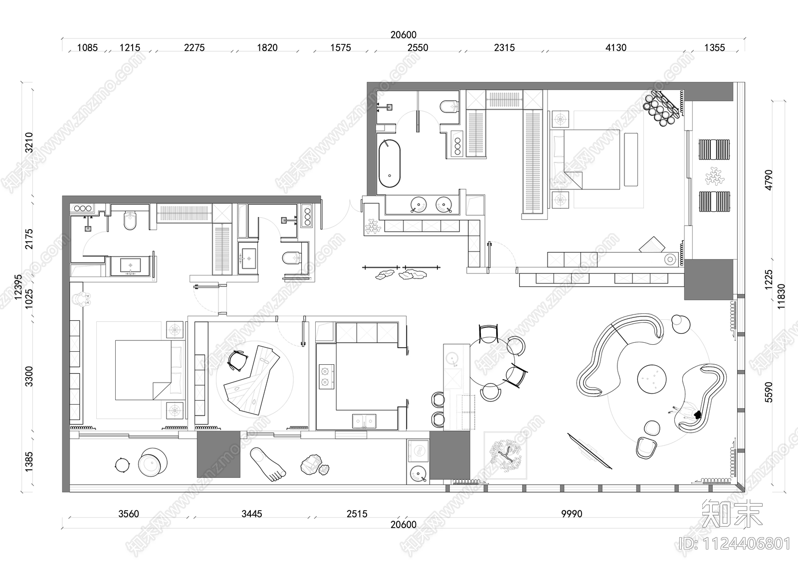莫兰迪色彩大平层cad施工图下载【ID:1124406801】