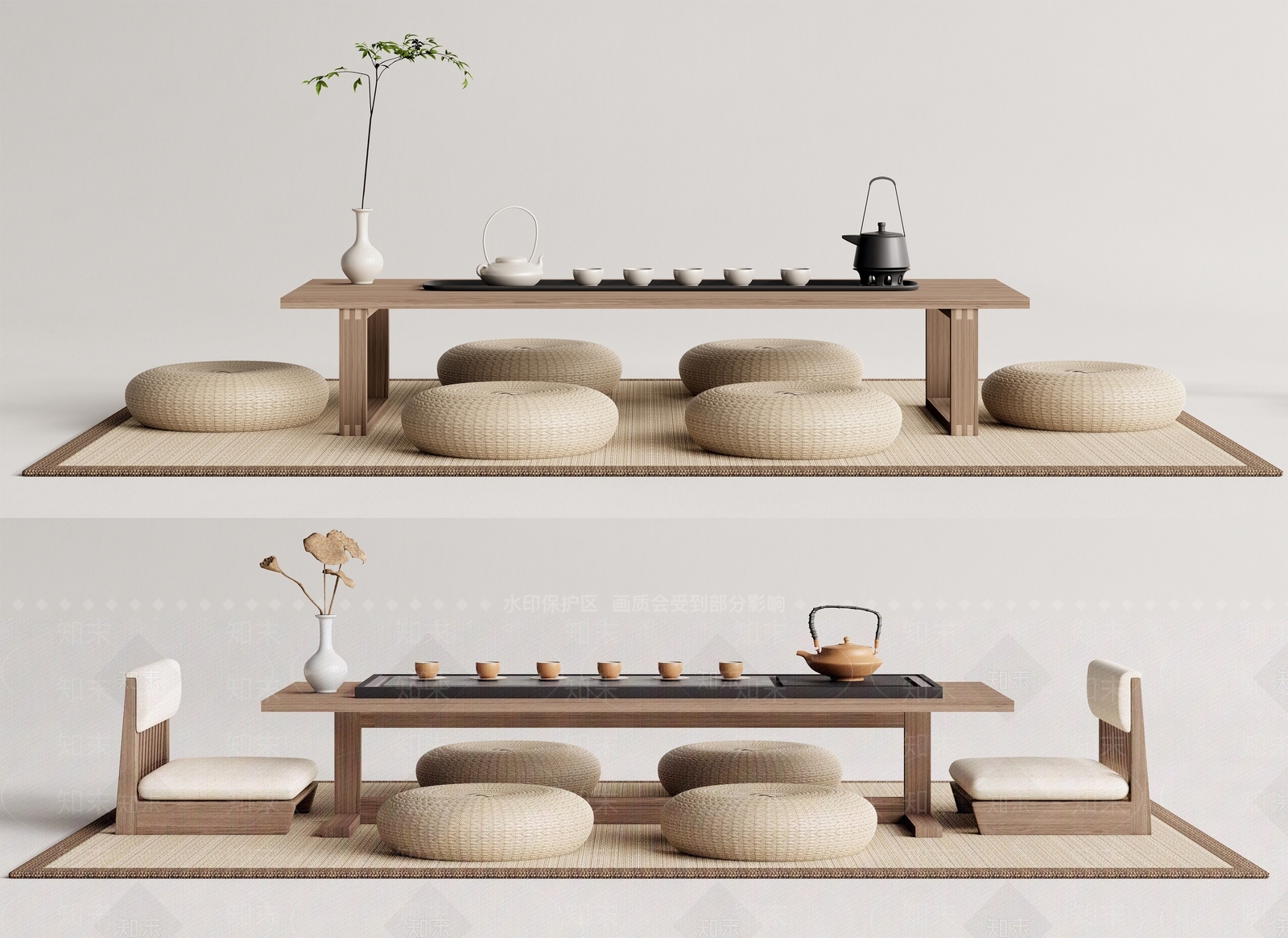 日式榻榻米茶桌椅组合3D模型下载【ID:1124431926】