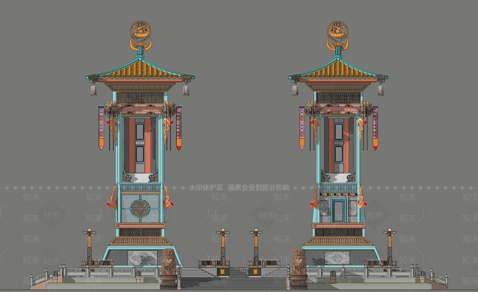 中式双子玲珑景观塔楼SU模型下载【ID:1124457320】