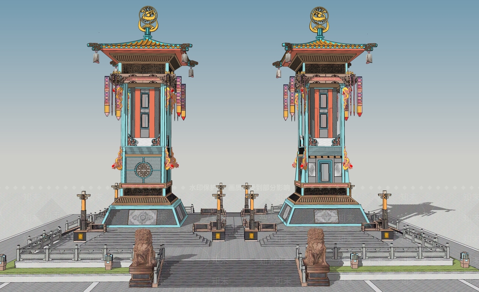 中式双子玲珑景观塔楼SU模型下载【ID:1124457320】