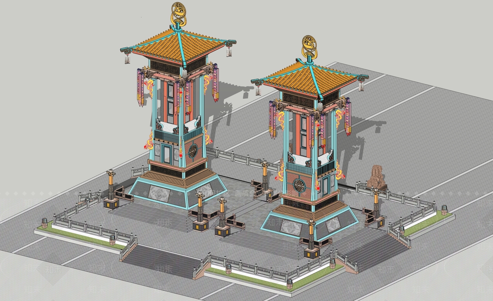 中式双子玲珑景观塔楼SU模型下载【ID:1124457320】