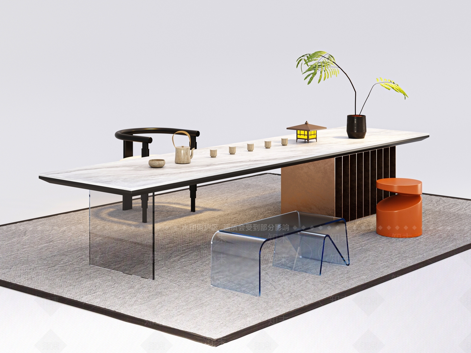新中式茶桌椅组合3D模型下载【ID:1124461464】