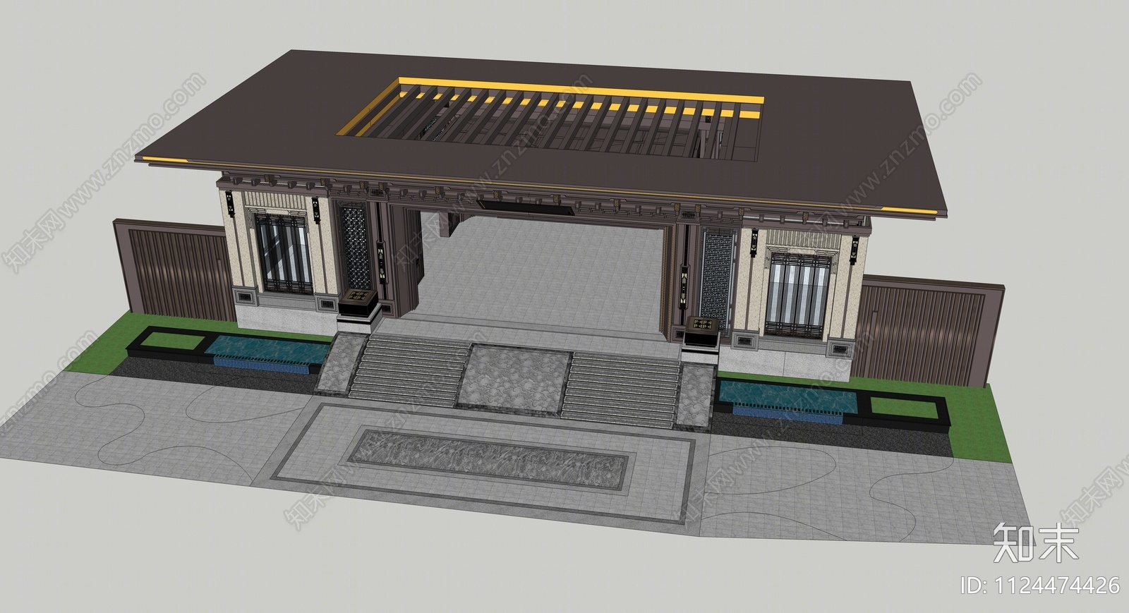 新中式小区入口大门SU模型下载【ID:1124474426】