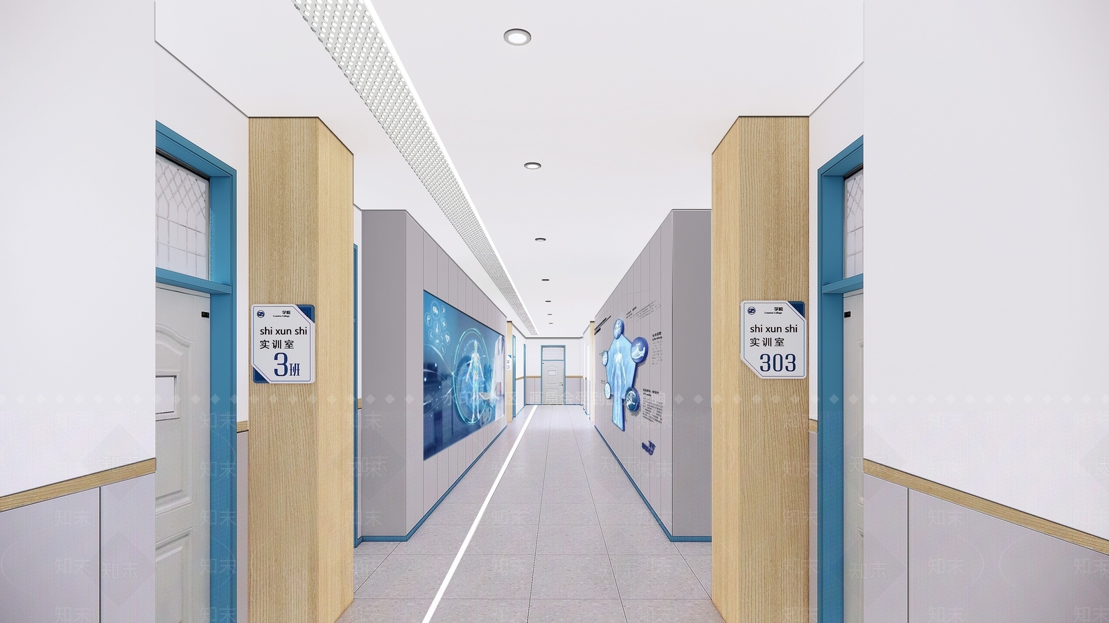 现代学校走廊电梯厅SU模型下载【ID:1124583631】