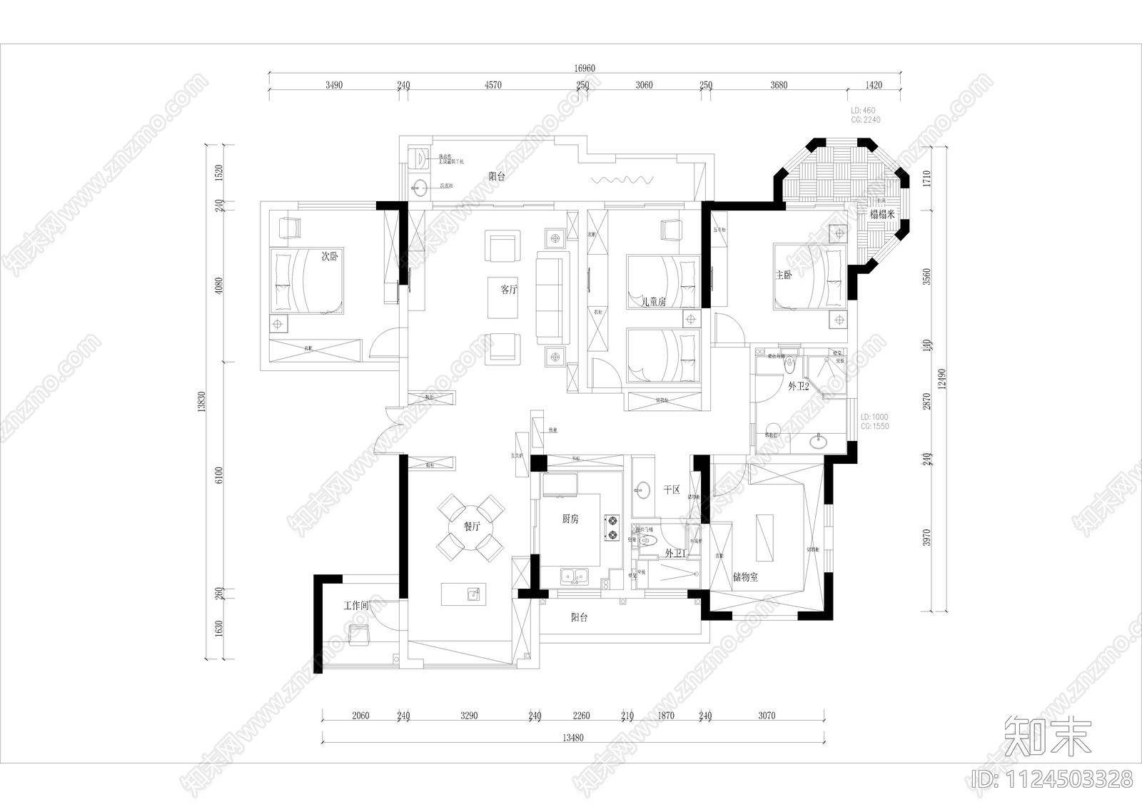 室内装修CAD平面方案施工图大平层施工图下载【ID:1124503328】