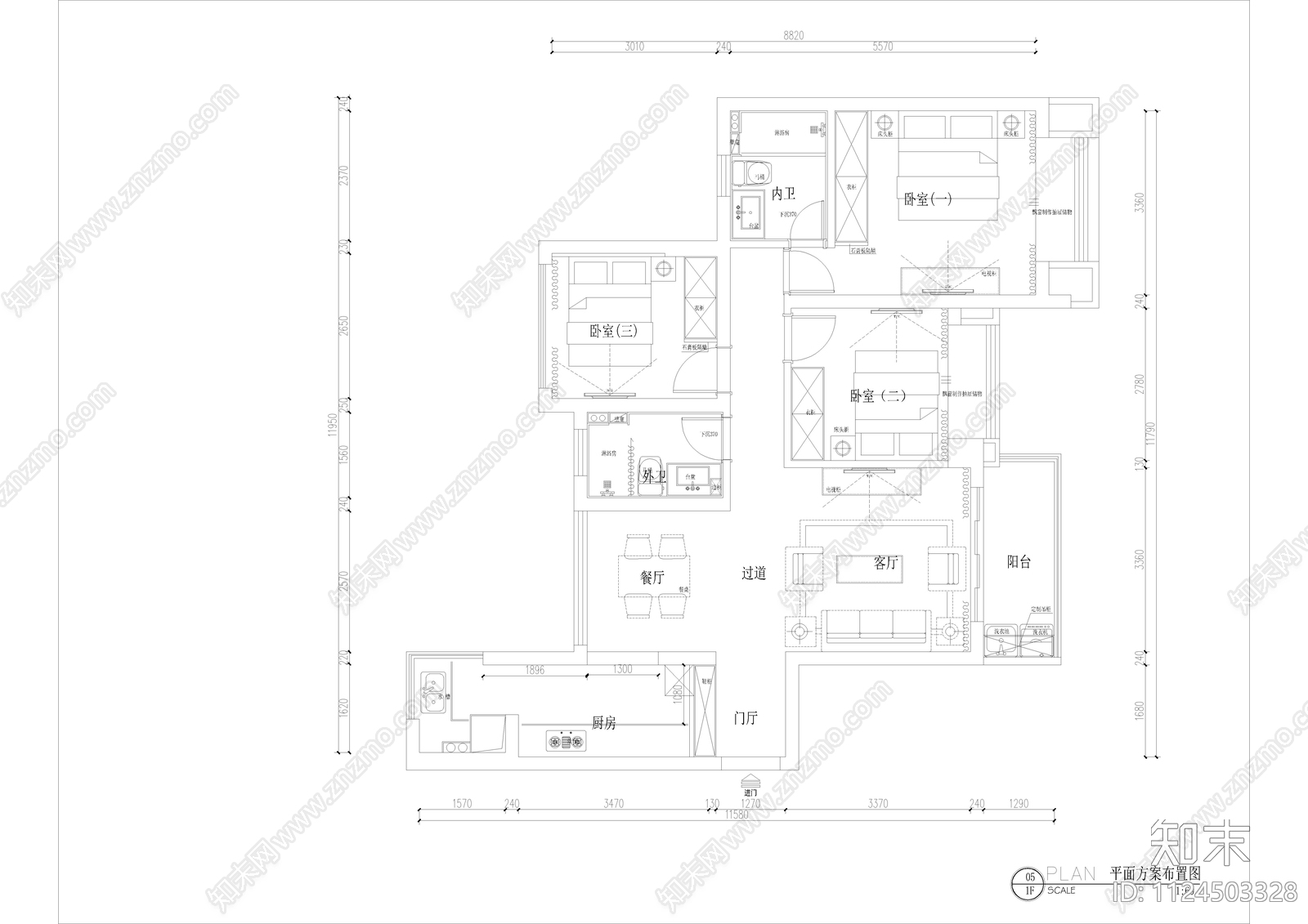 室内装修CAD平面方案施工图大平层施工图下载【ID:1124503328】