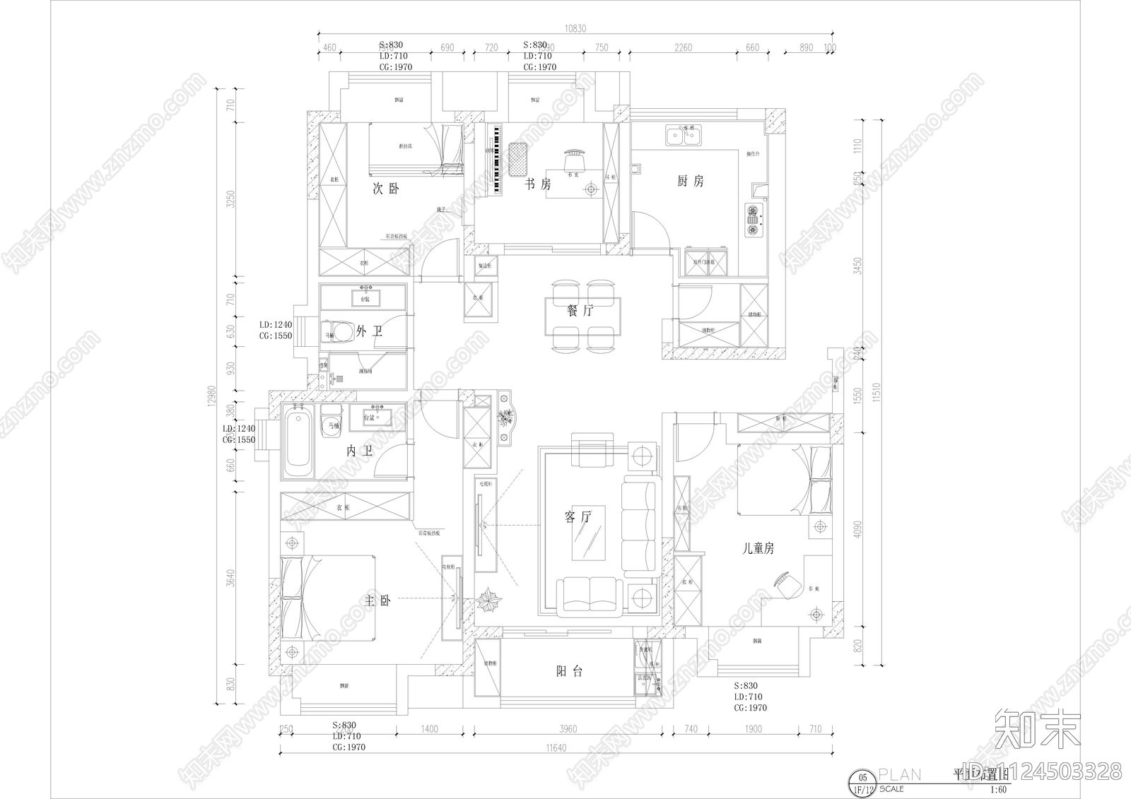 室内装修CAD平面方案施工图大平层施工图下载【ID:1124503328】