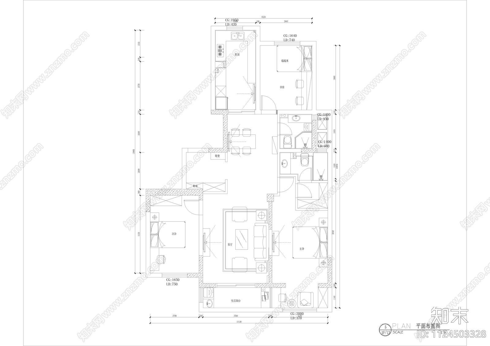 室内装修CAD平面方案施工图大平层施工图下载【ID:1124503328】