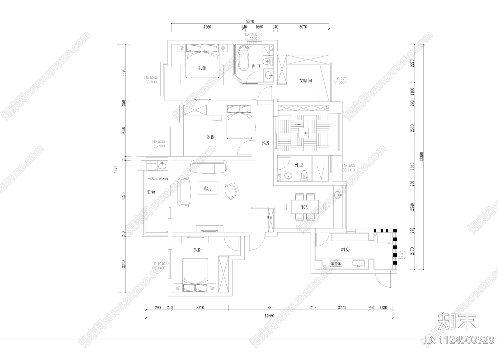 室内装修CAD平面方案施工图大平层施工图下载【ID:1124503328】