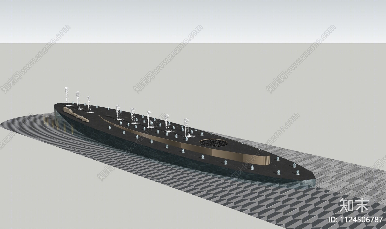 现代造型轮船跌水喷泉水景SU模型下载【ID:1124506787】