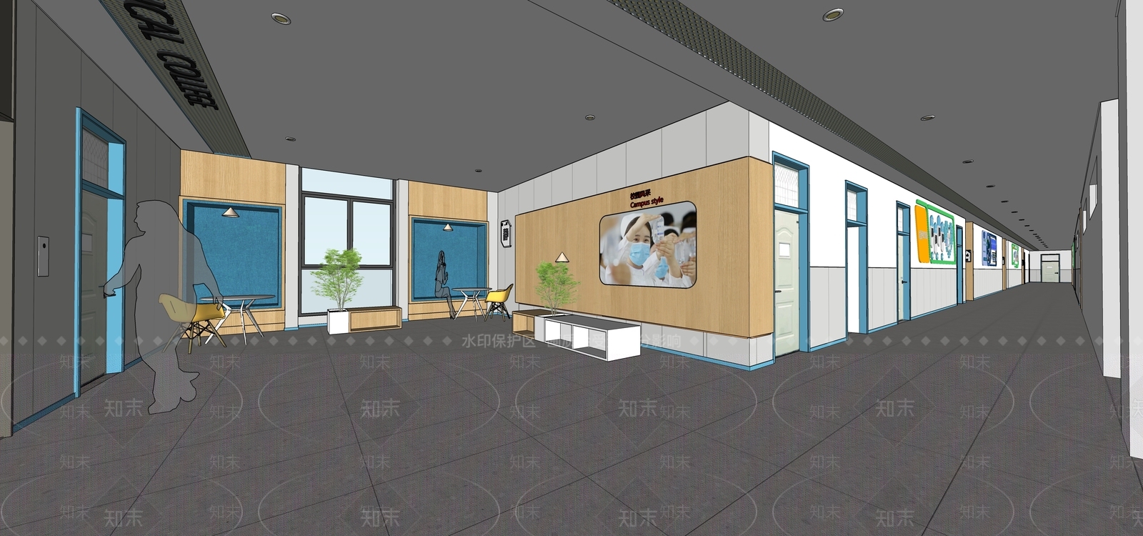 现代学校走廊电梯厅SU模型下载【ID:1124583631】