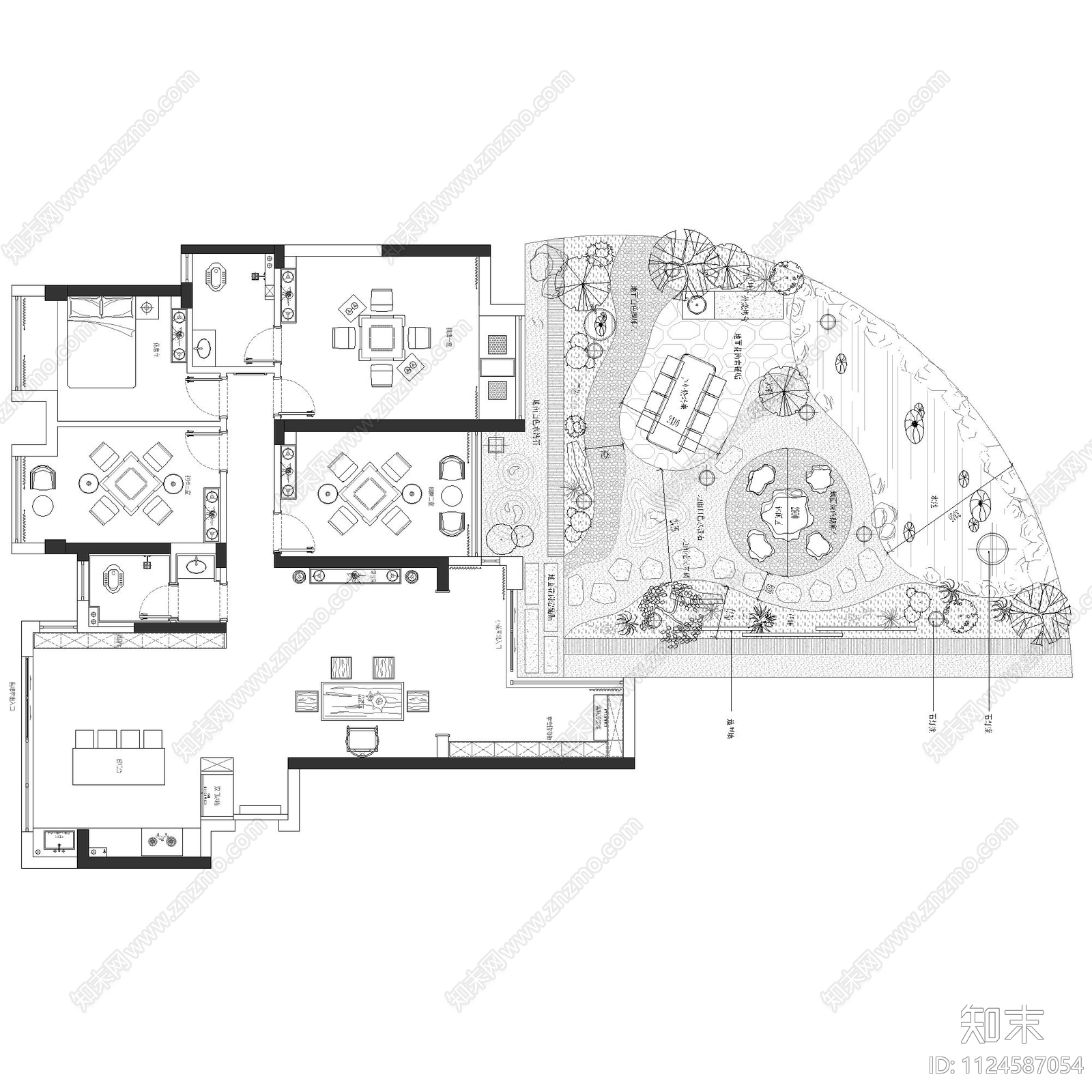 新中式别墅花园平面布置图施工图下载【ID:1124587054】