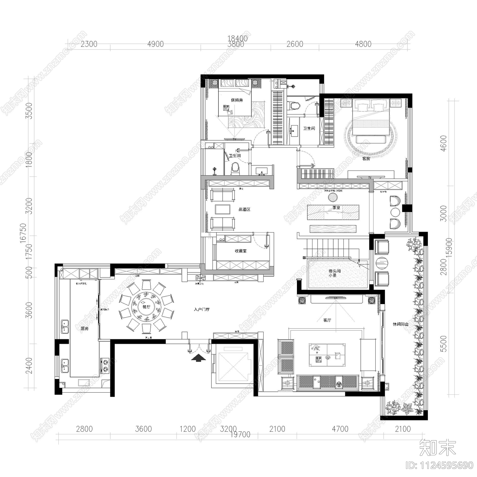 某三层别墅平面布置图cad施工图下载【ID:1124595690】