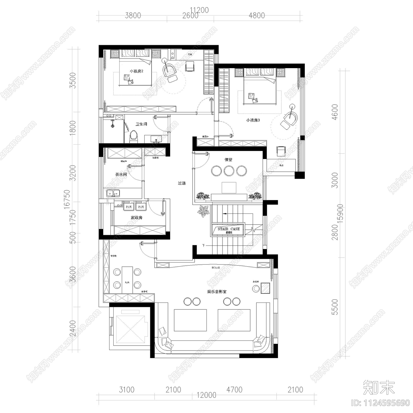 某三层别墅平面布置图cad施工图下载【ID:1124595690】