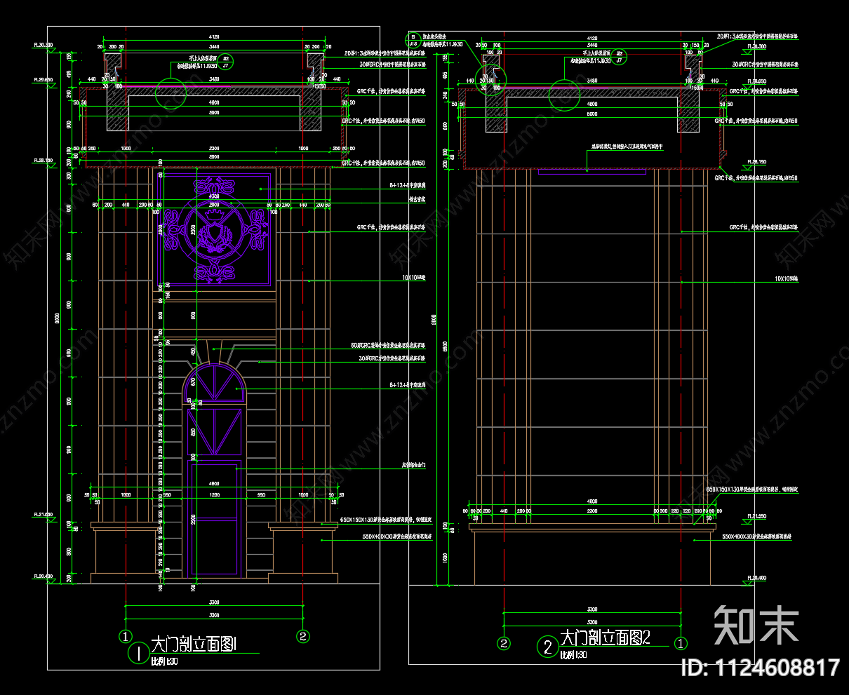 欧式简约居住区入口大门施工图下载【ID:1124608817】