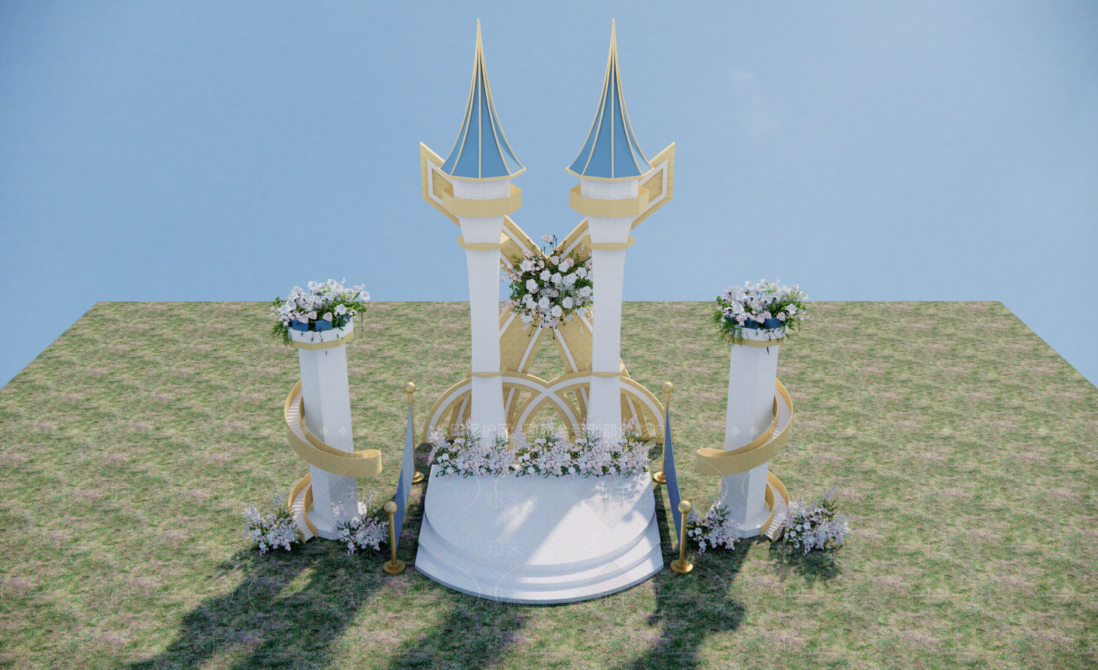 现代白蓝城堡户外草坪婚礼美陈SU模型下载【ID:1124861438】