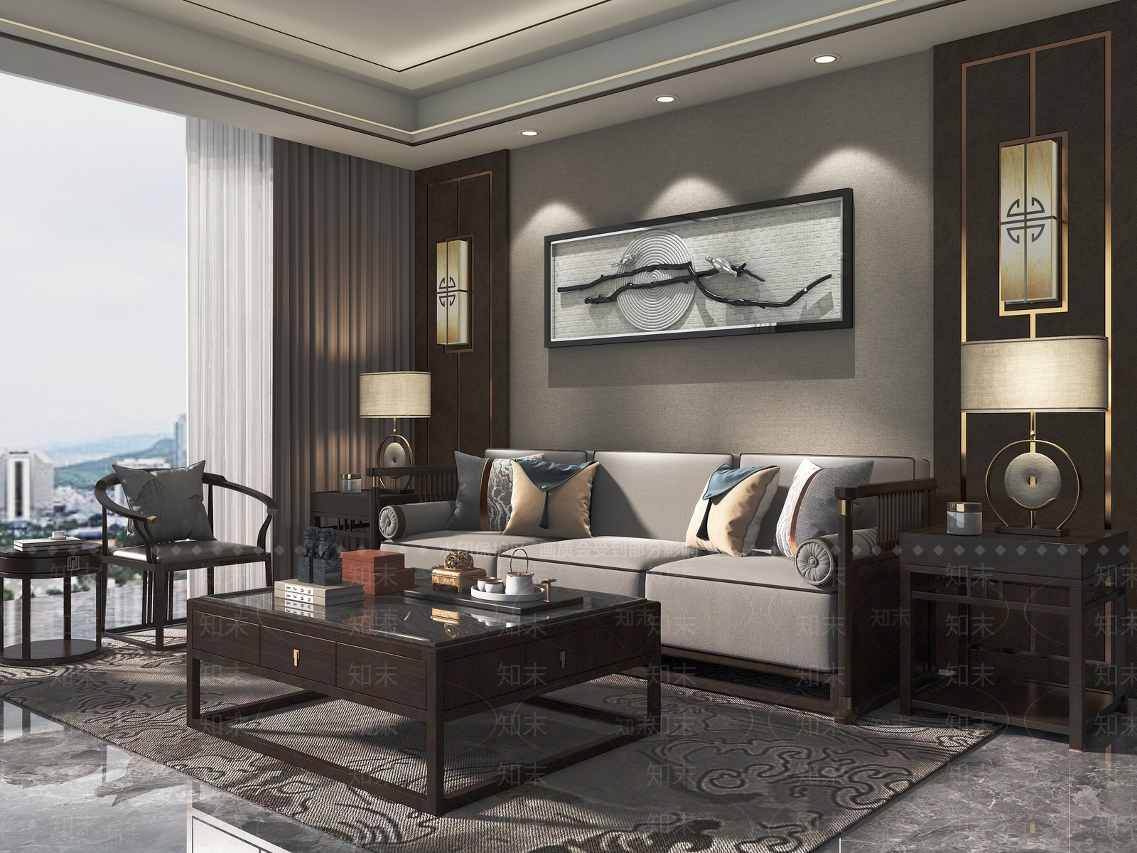 新中式客厅空间3D模型下载【ID:1124667865】