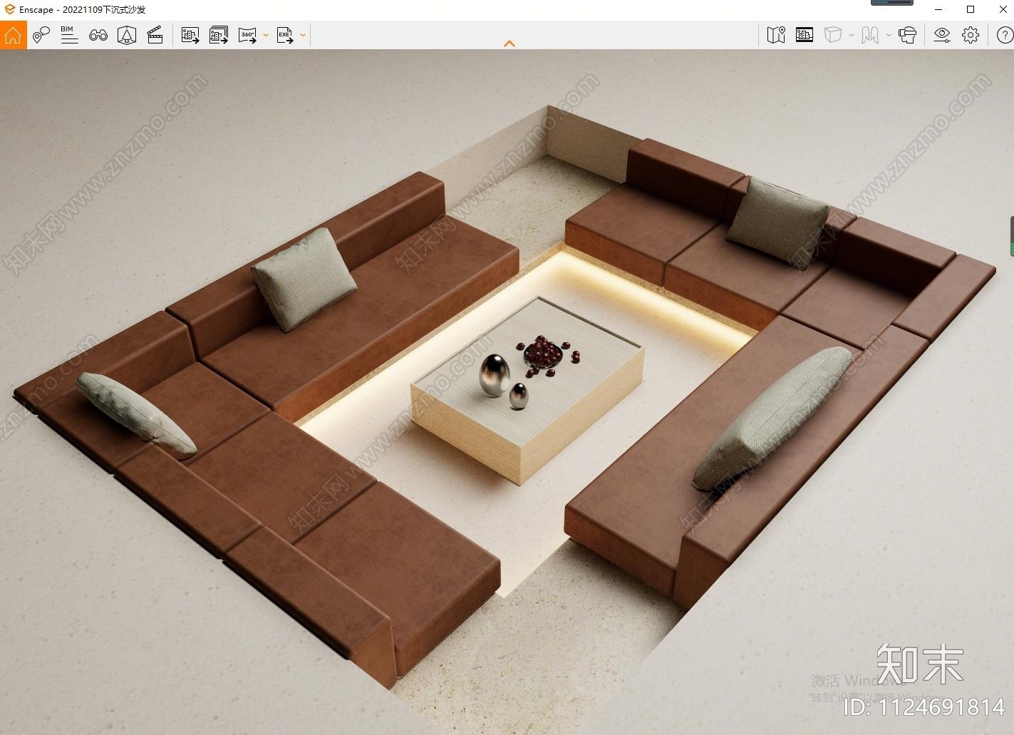 现代下沉式卡座沙发SU模型下载【ID:1124691814】