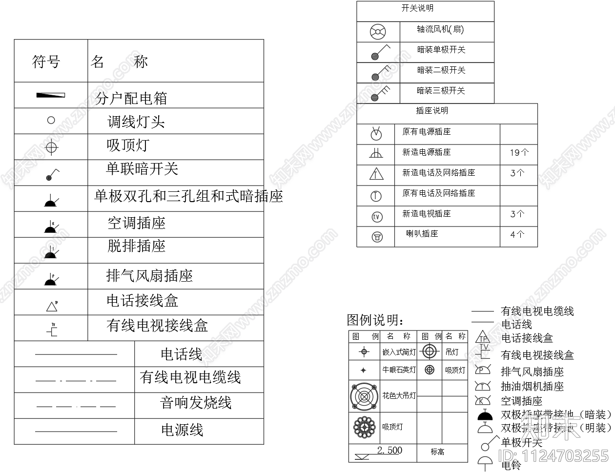 开关插座图例灯具灯饰图例cad施工图下载【ID:1124703255】