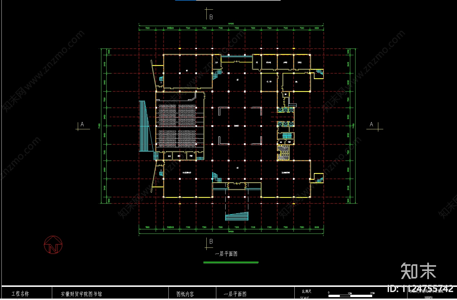 现代图书馆cad施工图下载【ID:1124755742】