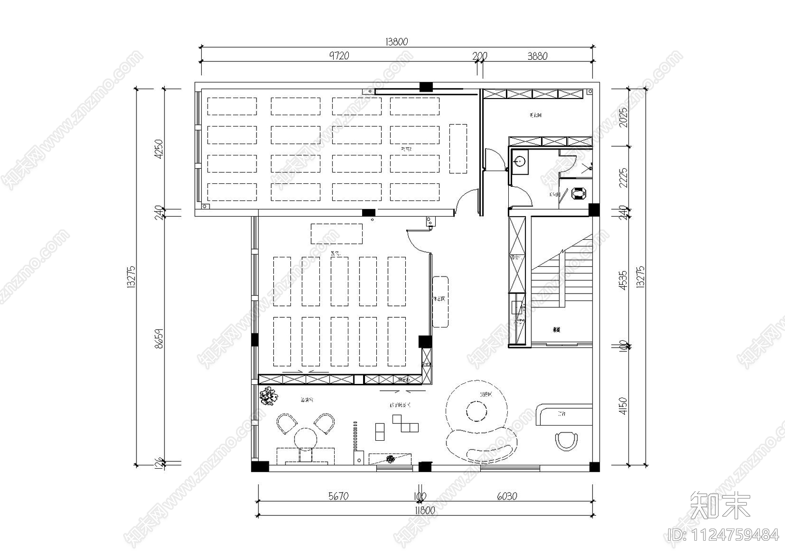 瑜伽馆平面布置图cad施工图下载【ID:1124759484】