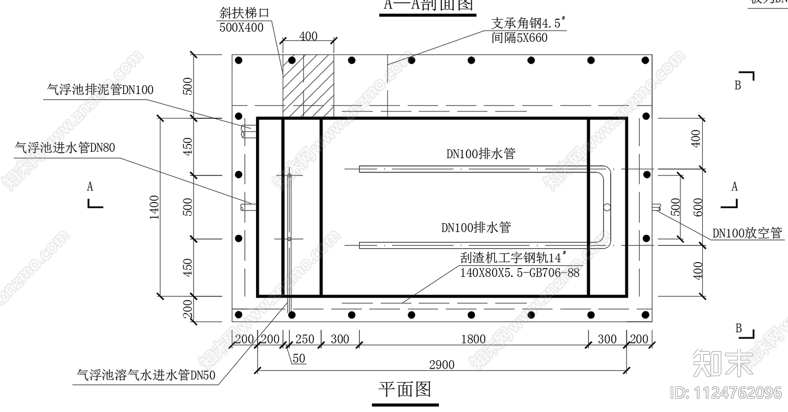 100吨每天气浮池设计图纸cad施工图下载【ID:1124762096】