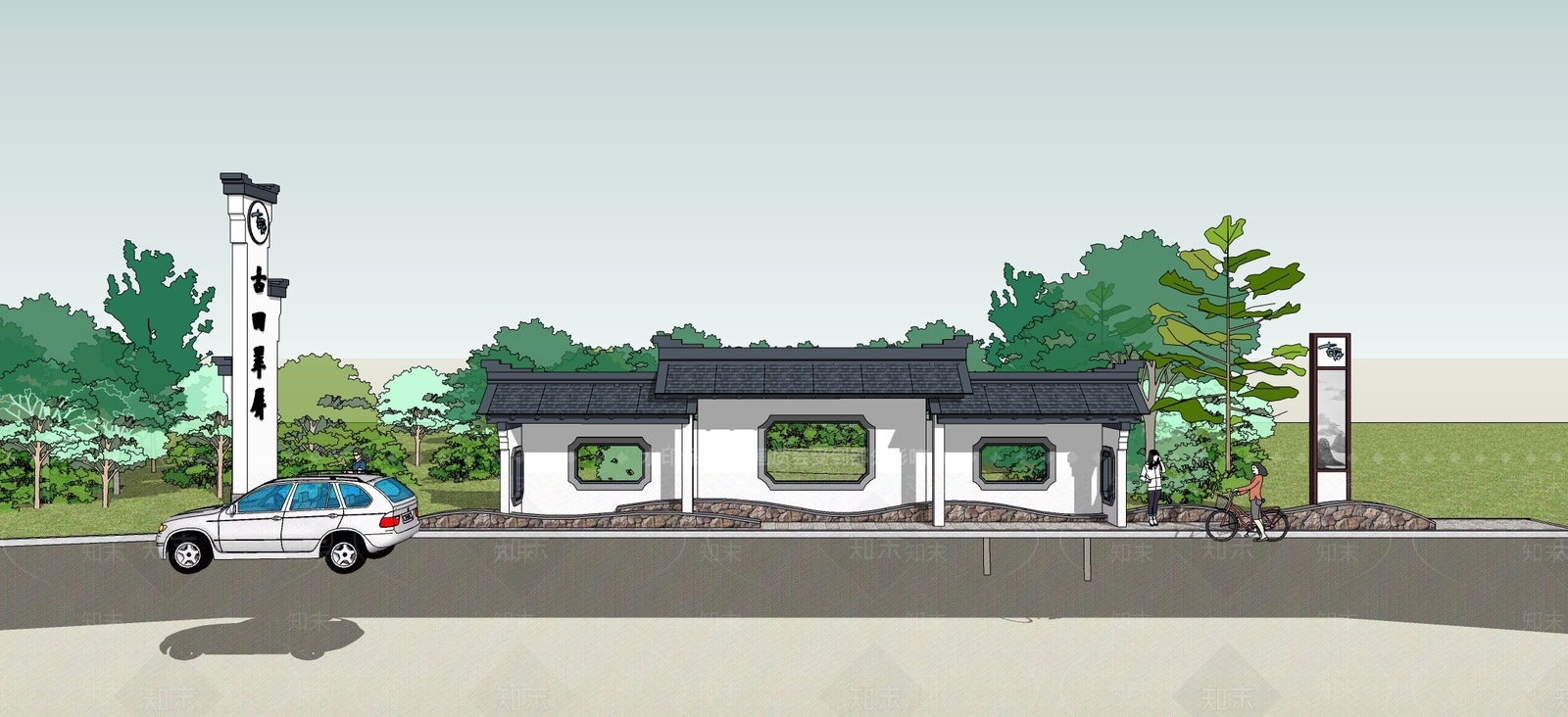 新中式公交站台SU模型下载【ID:1124809477】