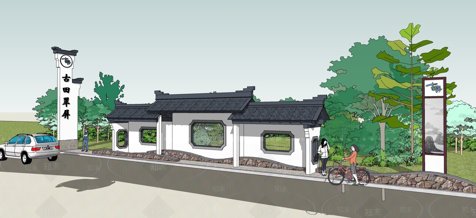 新中式公交站台SU模型下载【ID:1124809477】