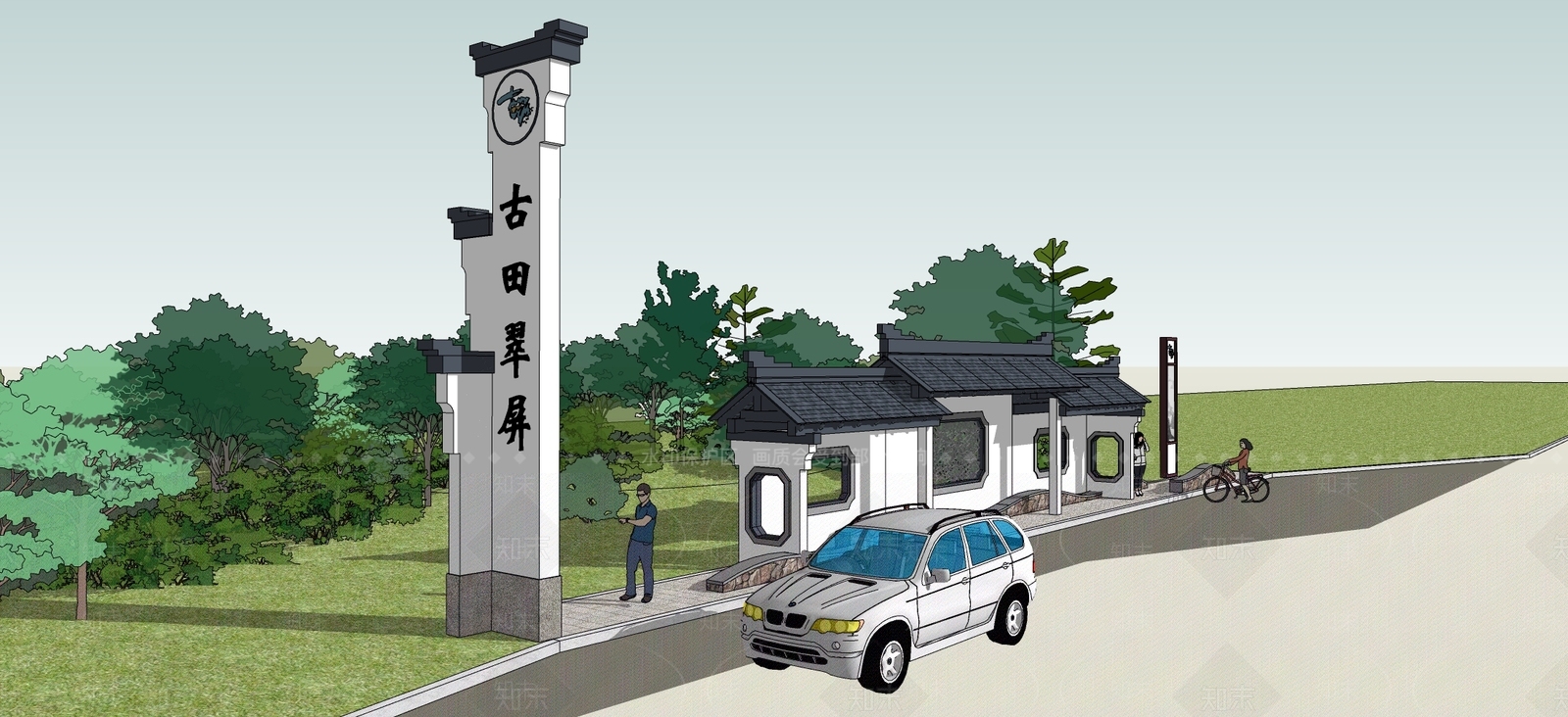 新中式公交站台SU模型下载【ID:1124809477】