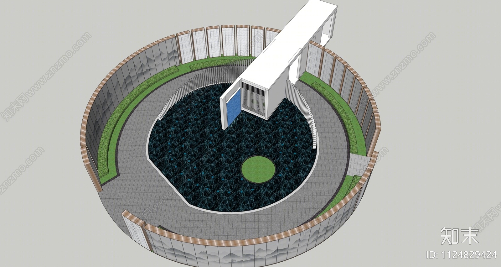 现代展示区圆形水景SU模型下载【ID:1124829424】