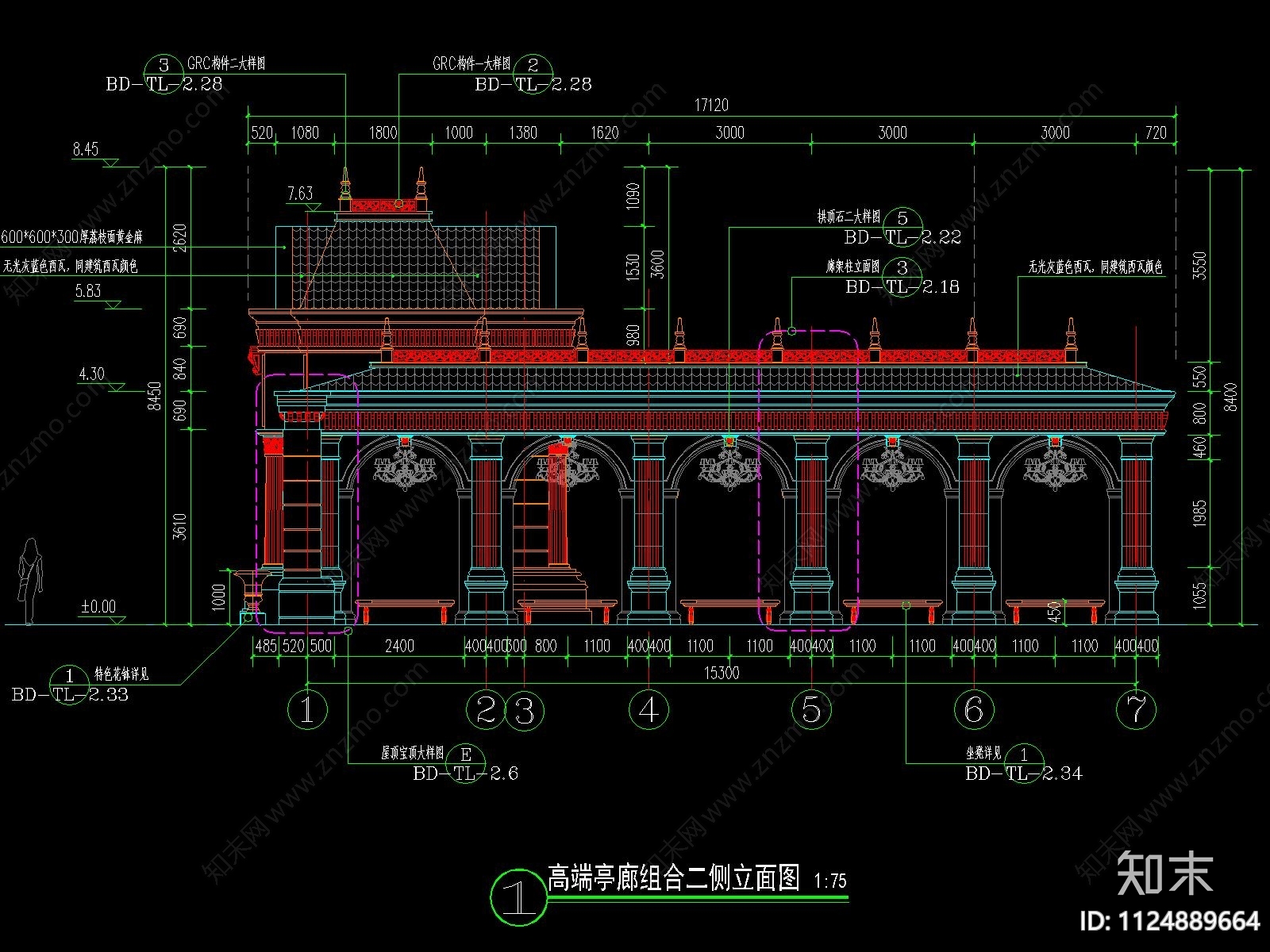 欧式景墙廊亭cad施工图下载【ID:1124889664】