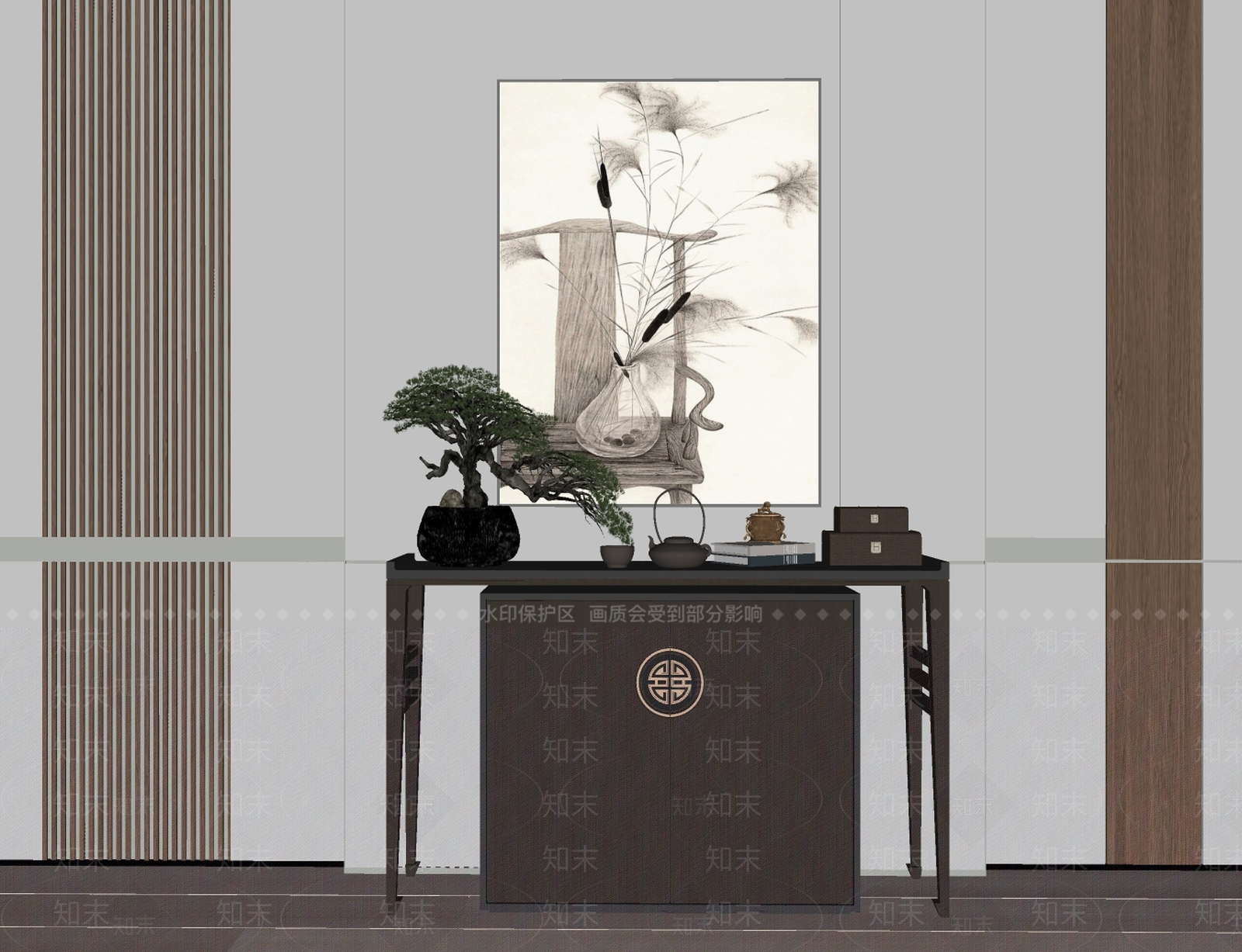 新中式端景条案SU模型下载【ID:1124851546】