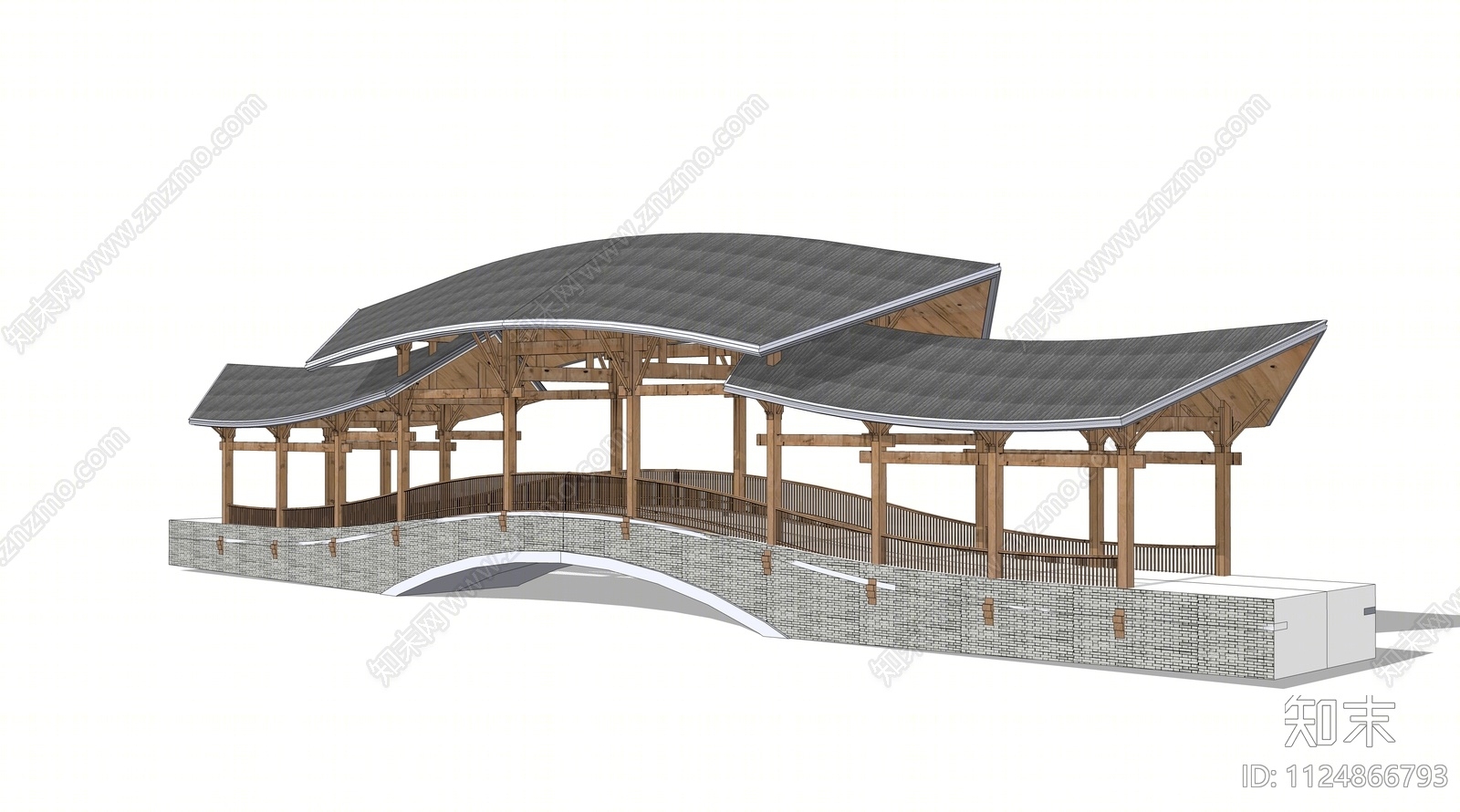 新中式景观廊桥SU模型下载【ID:1124866793】