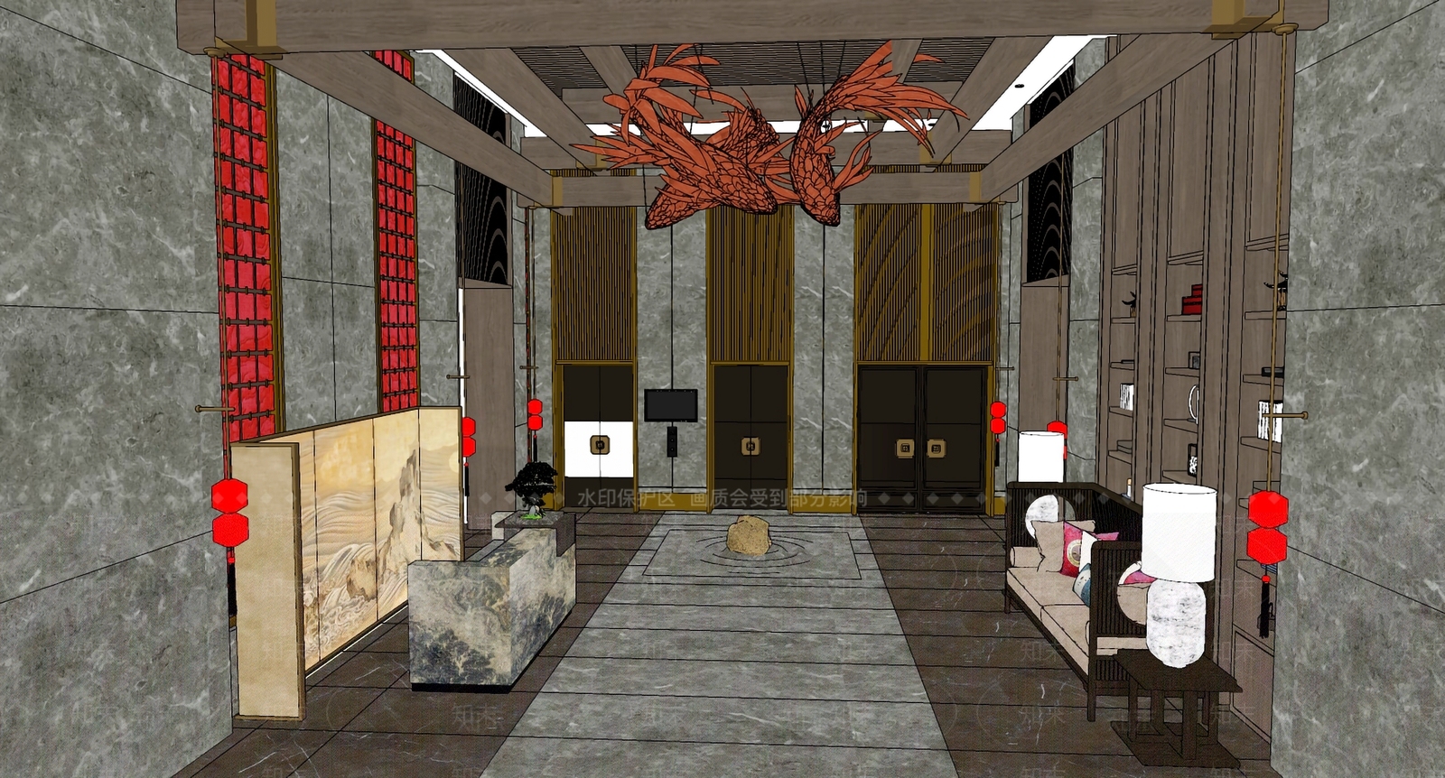 中式酒店大堂SU模型下载【ID:1124873100】