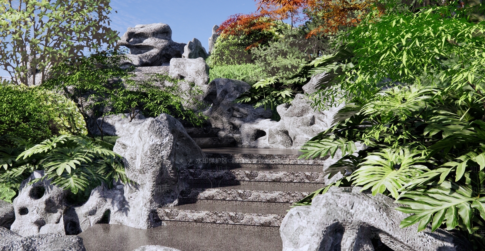 新中式台阶景观SU模型下载【ID:1124891662】