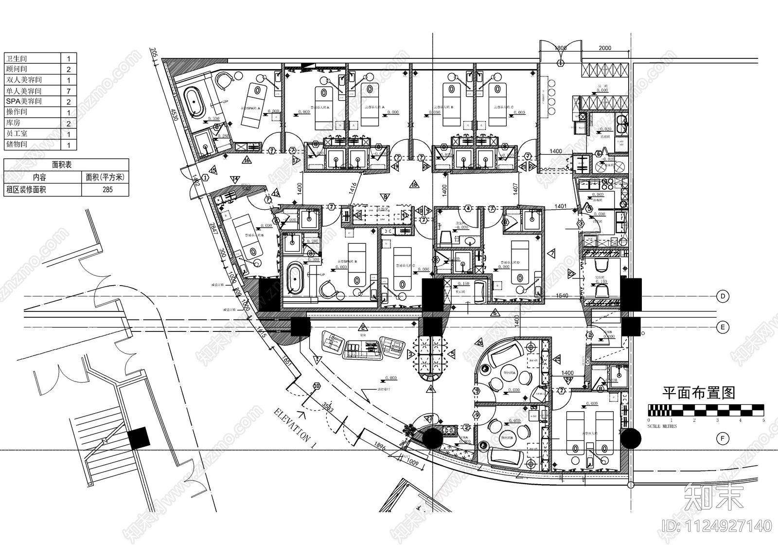 300㎡美容SPA会所CAD施工图cad施工图下载【ID:1124927140】