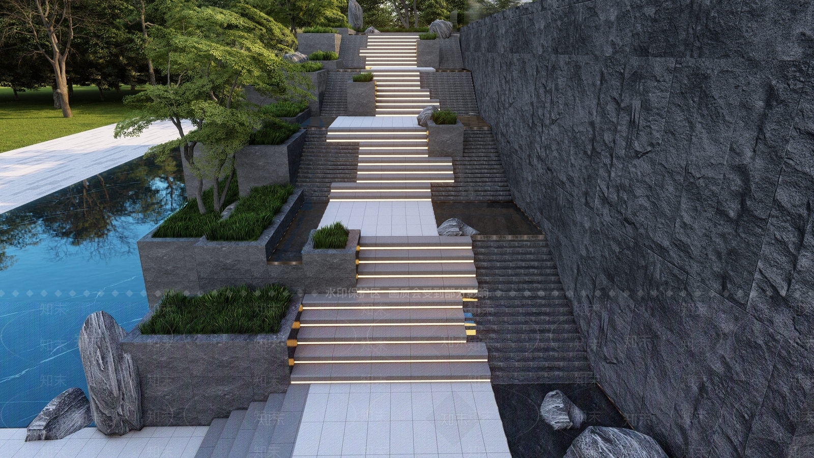现代台阶景观SU模型下载【ID:1124937479】