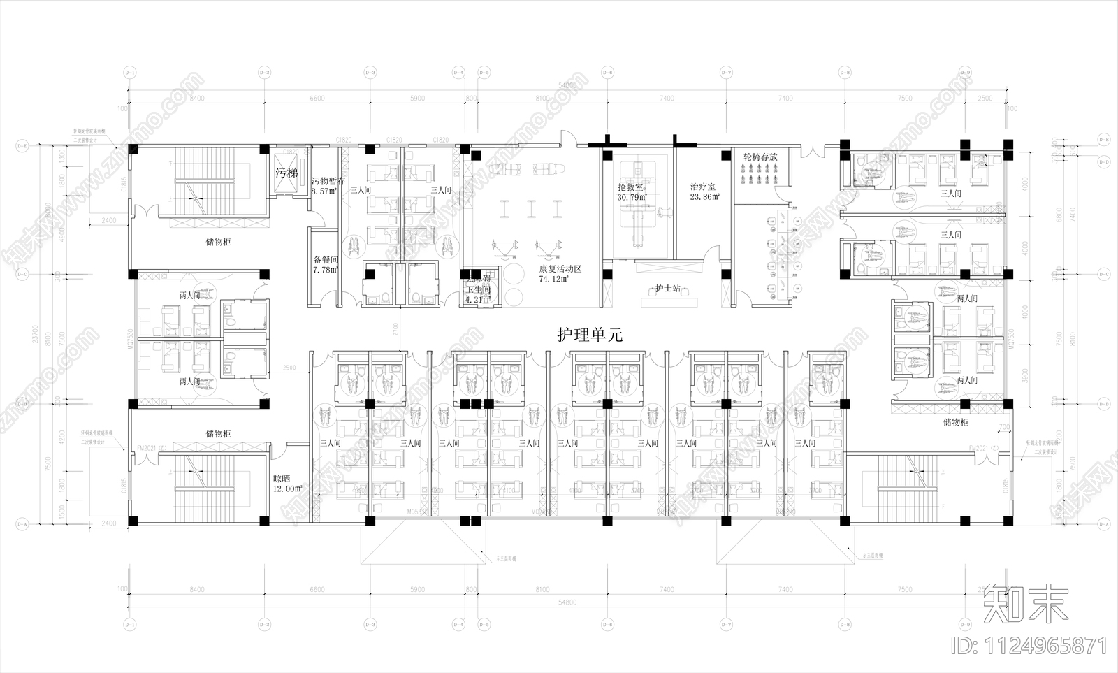 老年护理医院平面布置图cad施工图下载【ID:1124965871】